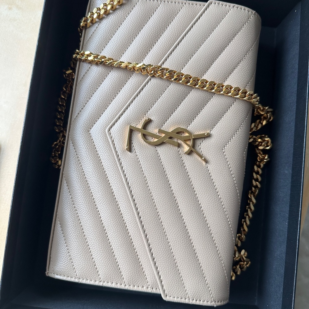 Saint Laurent Taupe Crossbody Bag with Gold Chain